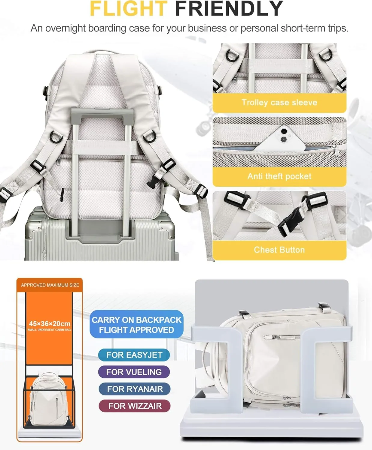 Travel Carry on Laptop Backpack for Women Men, Expandable Flight Approved Backpack, Waterproof Sports College bag Casual Daypack for Weekender Business Hiking with Shoe Compartment Beige