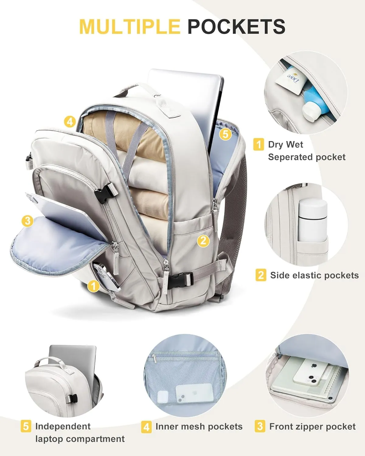 Travel Carry on Laptop Backpack for Women Men, Expandable Flight Approved Backpack, Waterproof Sports College bag Casual Daypack for Weekender Business Hiking with Shoe Compartment Beige