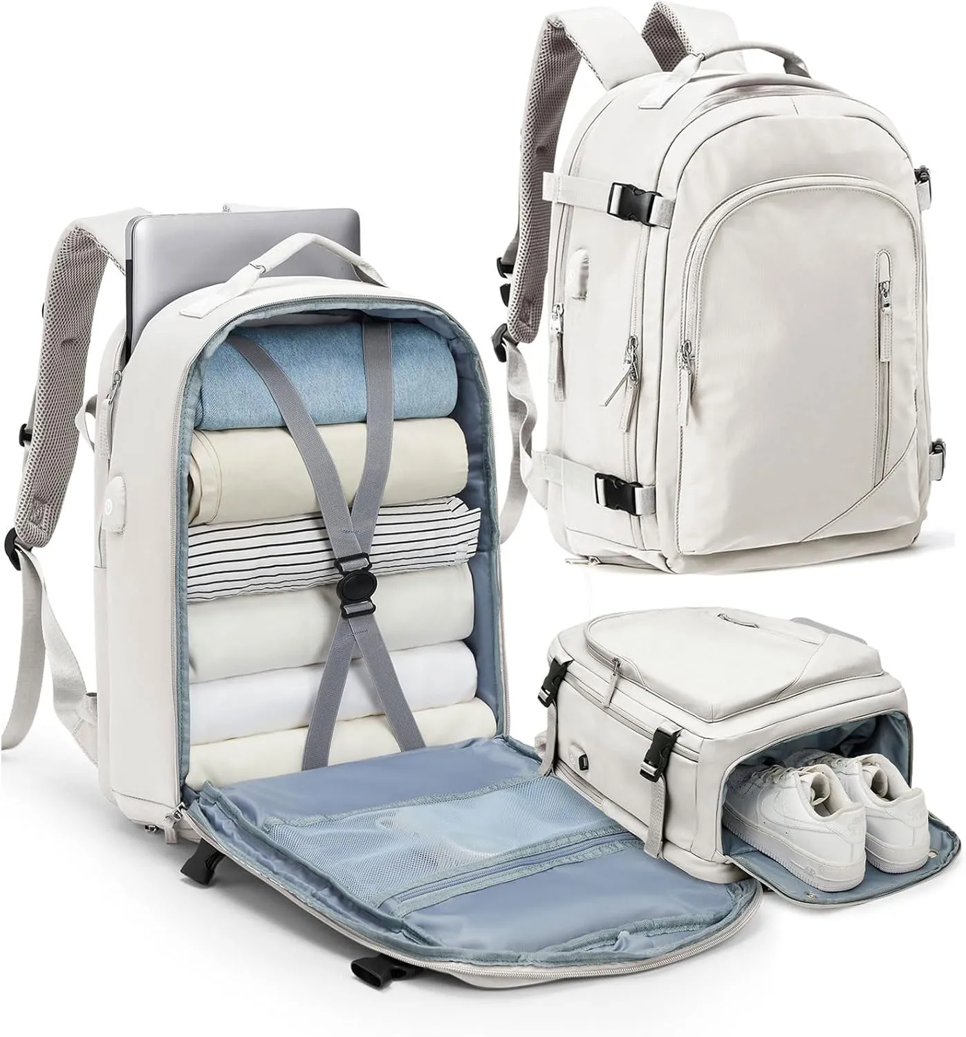 Travel Carry on Laptop Backpack for Women Men, Expandable Flight Approved Backpack, Waterproof Sports College bag Casual Daypack for Weekender Business Hiking with Shoe Compartment Beige