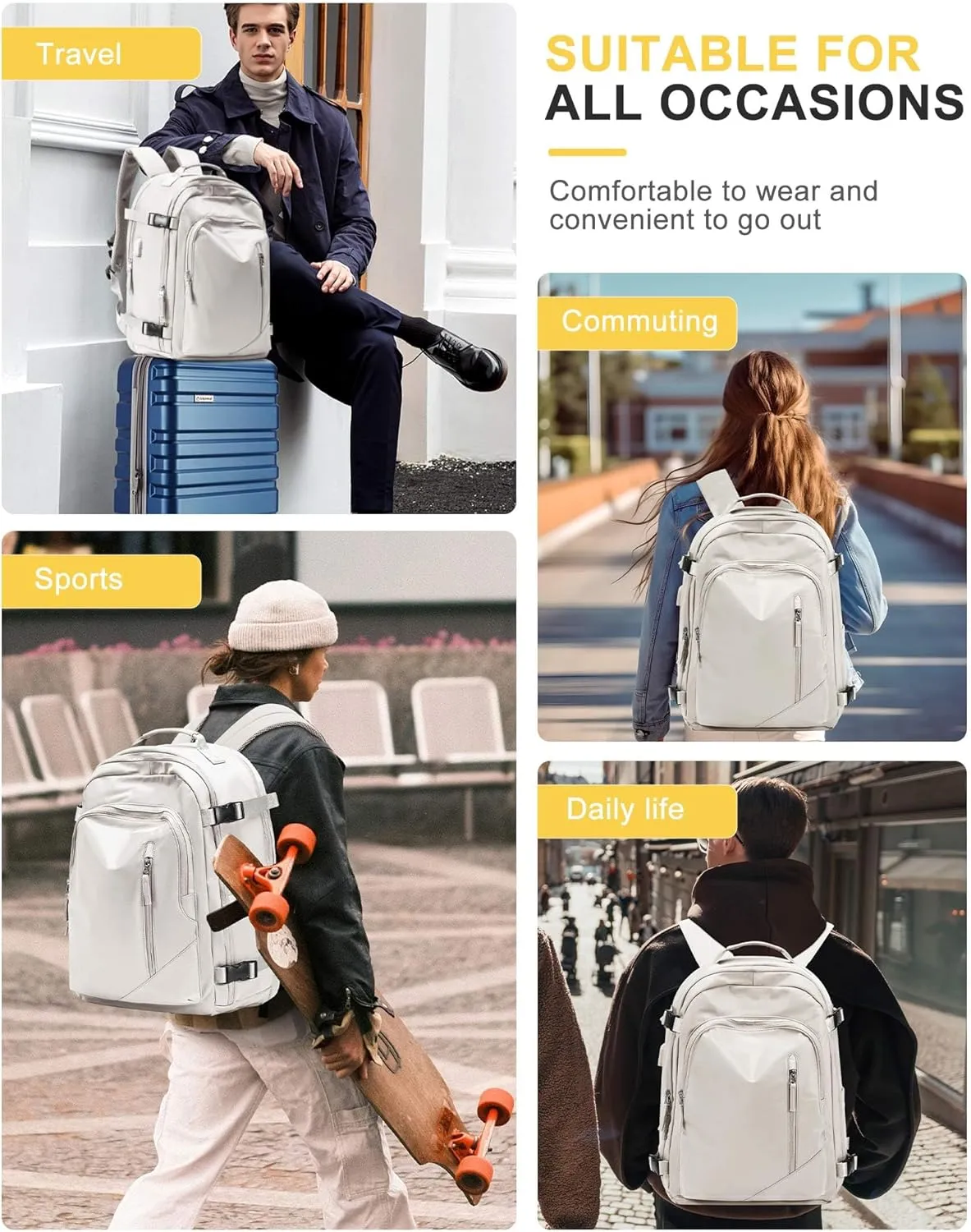 Travel Carry on Laptop Backpack for Women Men, Expandable Flight Approved Backpack, Waterproof Sports College bag Casual Daypack for Weekender Business Hiking with Shoe Compartment Beige