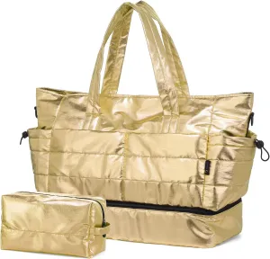 Travel Duffel Bag for Women, 50L Weekender Bag, Gym Bag with Shoes Compartment, Carry on Overnight Bag with Toiletry Bag for Travel Trip Camping, Gold