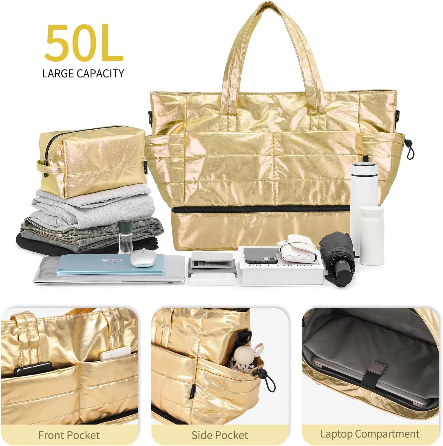 Travel Duffel Bag for Women, 50L Weekender Bag, Gym Bag with Shoes Compartment, Carry on Overnight Bag with Toiletry Bag for Travel Trip Camping, Gold