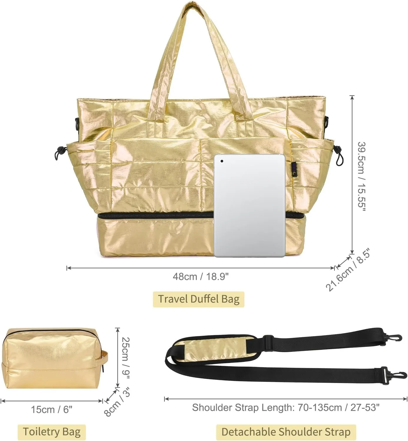 Travel Duffel Bag for Women, 50L Weekender Bag, Gym Bag with Shoes Compartment, Carry on Overnight Bag with Toiletry Bag for Travel Trip Camping, Gold