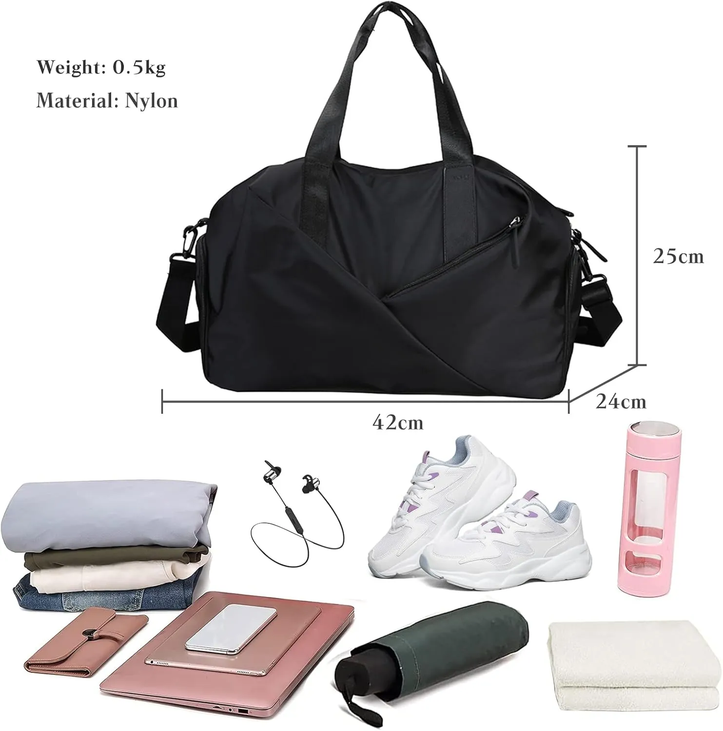 Travel Duffel Bag for Women/Men Sport Duffel Bag Weekend Shoulder Bag Large Gym Tote Bag Overnight Bag Nylon Hospital Bag Carry On Luggage with Shoes Compartment and Wet Pocket Black