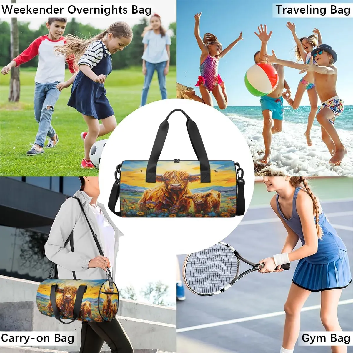 Travel Duffel Bag Highland Cow Flower Sports Gym Bag for Womens Mens, Waterproof Weekend Overnight Bags Lightweight Carry on Bags for Airplanes Yoga Dance Beach Swim Hospital Holdalls,A-538