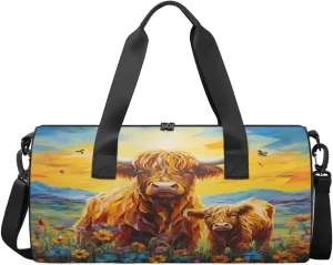 Travel Duffel Bag Highland Cow Flower Sports Gym Bag for Womens Mens, Waterproof Weekend Overnight Bags Lightweight Carry on Bags for Airplanes Yoga Dance Beach Swim Hospital Holdalls,A-538