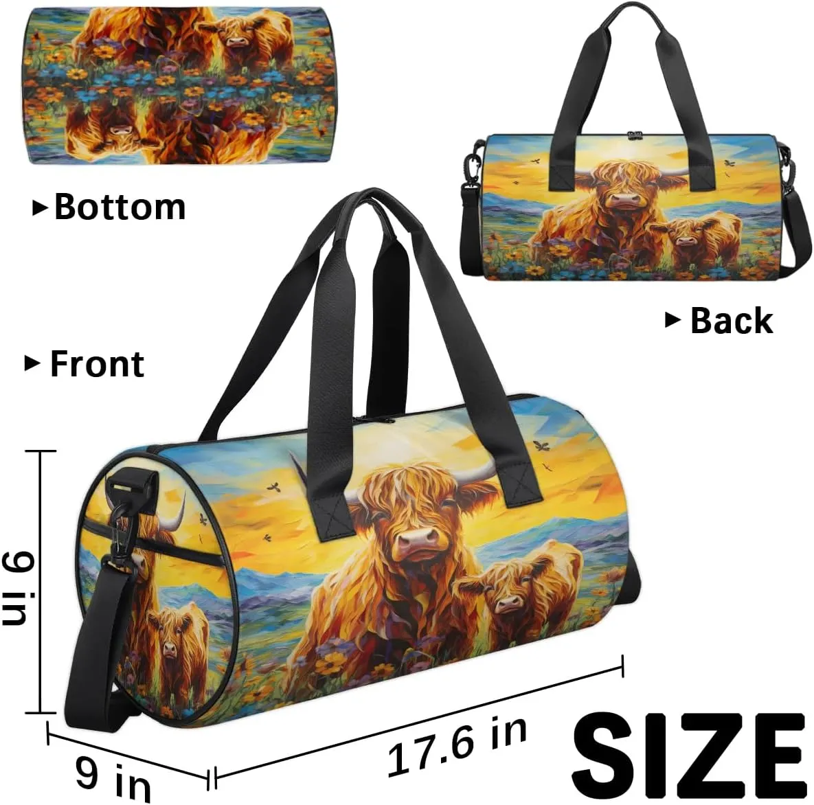 Travel Duffel Bag Highland Cow Flower Sports Gym Bag for Womens Mens, Waterproof Weekend Overnight Bags Lightweight Carry on Bags for Airplanes Yoga Dance Beach Swim Hospital Holdalls,A-538