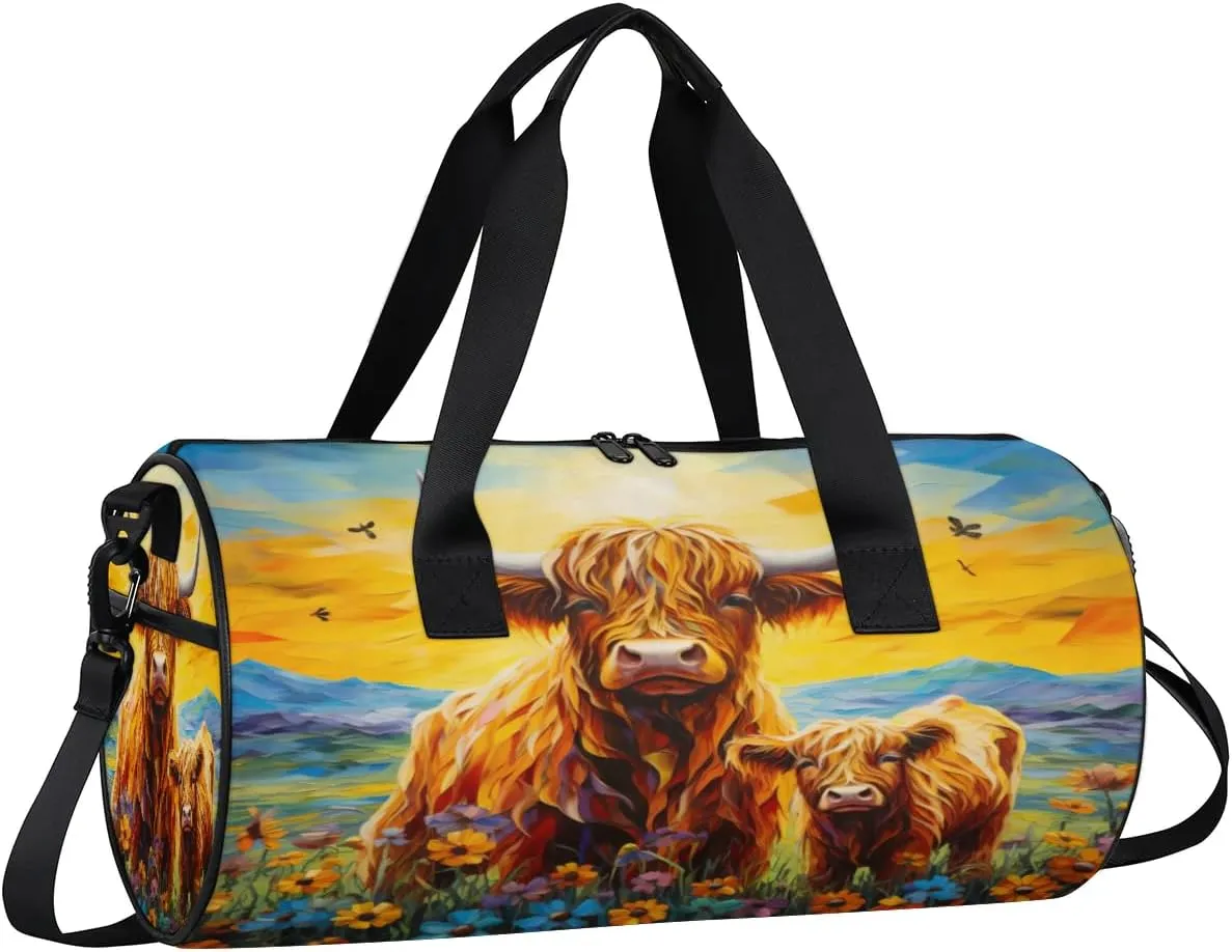 Travel Duffel Bag Highland Cow Flower Sports Gym Bag for Womens Mens, Waterproof Weekend Overnight Bags Lightweight Carry on Bags for Airplanes Yoga Dance Beach Swim Hospital Holdalls,A-538