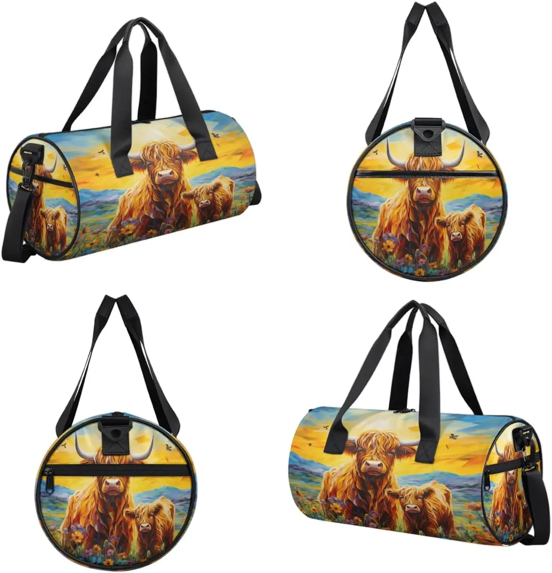 Travel Duffel Bag Highland Cow Flower Sports Gym Bag for Womens Mens, Waterproof Weekend Overnight Bags Lightweight Carry on Bags for Airplanes Yoga Dance Beach Swim Hospital Holdalls,A-538