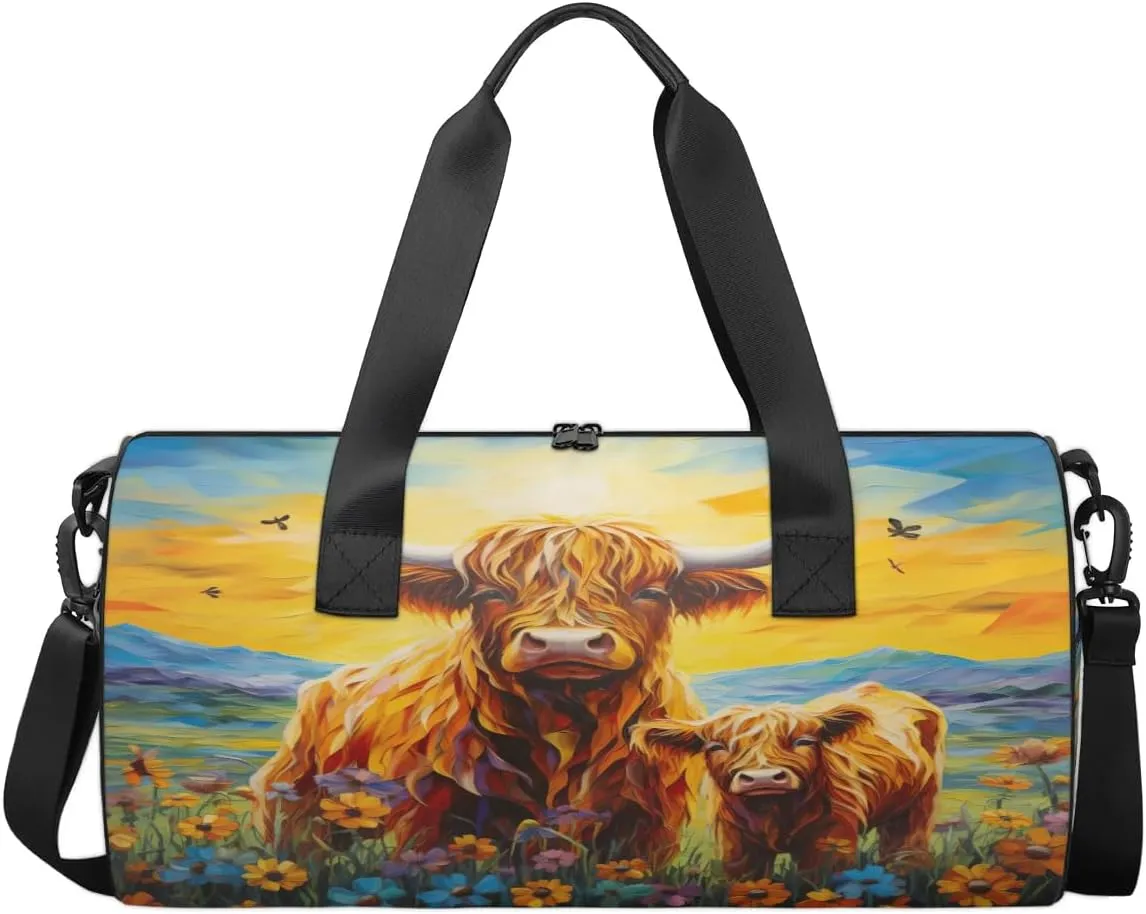 Travel Duffel Bag Highland Cow Flower Sports Gym Bag for Womens Mens, Waterproof Weekend Overnight Bags Lightweight Carry on Bags for Airplanes Yoga Dance Beach Swim Hospital Holdalls,A-538