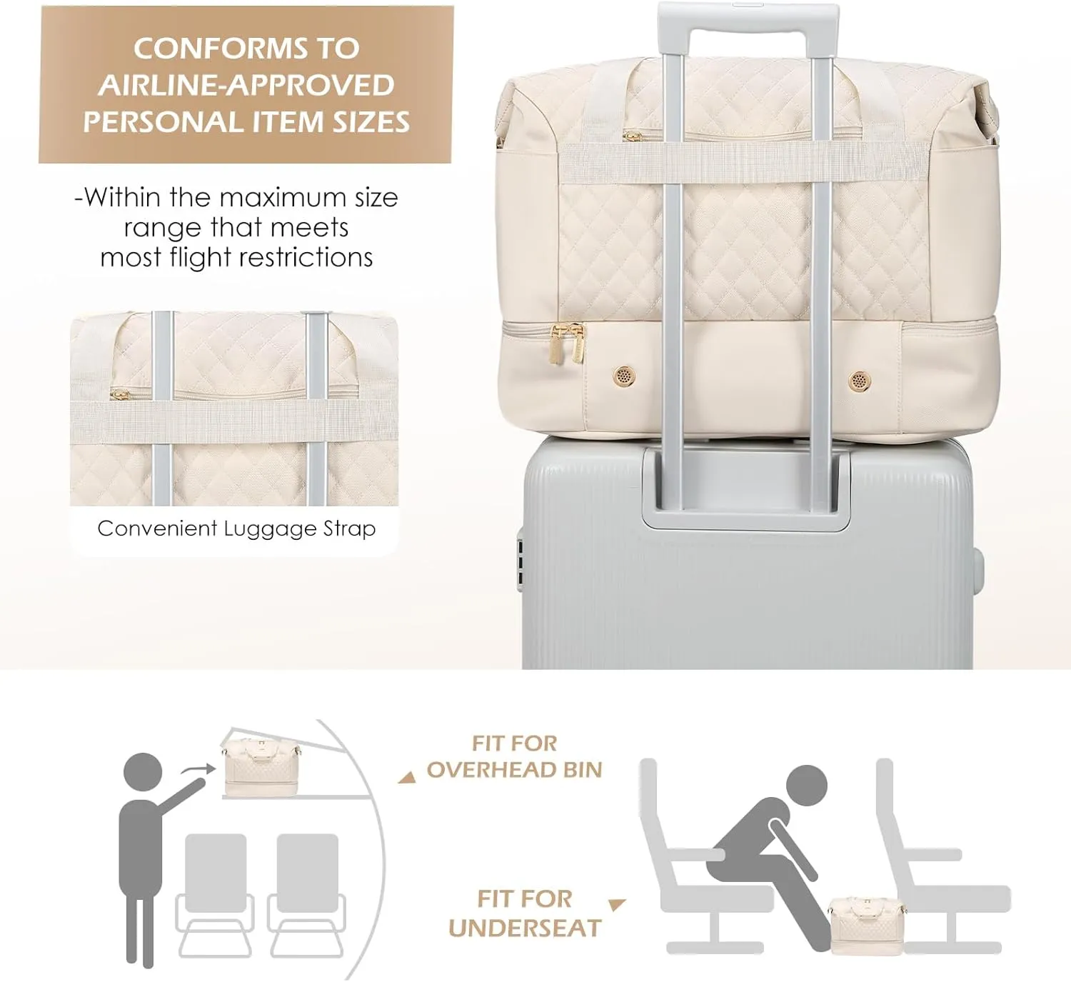 Travel Duffel Bag-Weekender Overnight Tote Bag for Women Duffle Bag with Wet Pocket & Shoes Compartment Carry on Tote Bags for Business Trips,Travel,Sports,Gym,Yoga,Hospital,3 Pcs Set, 43L,Beige