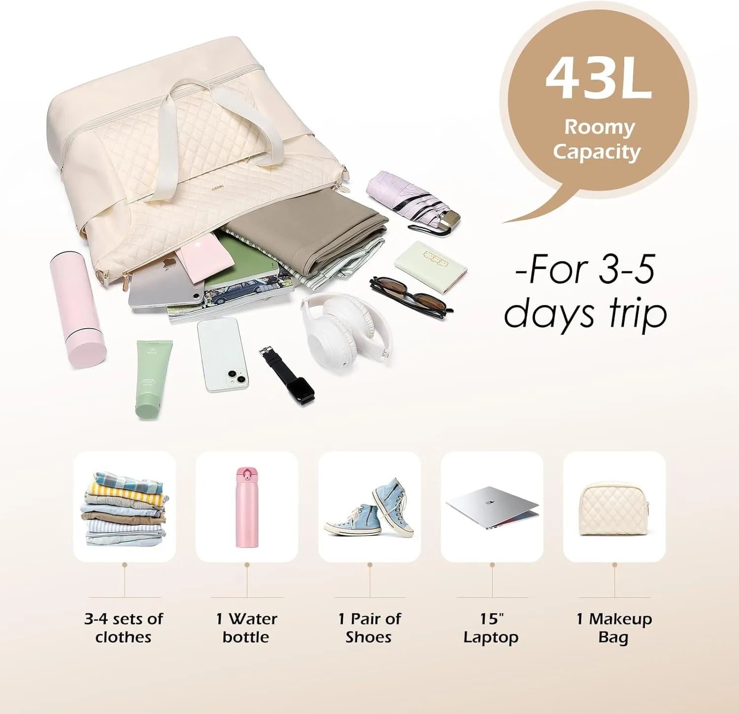 Travel Duffel Bag-Weekender Overnight Tote Bag for Women Duffle Bag with Wet Pocket & Shoes Compartment Carry on Tote Bags for Business Trips,Travel,Sports,Gym,Yoga,Hospital,3 Pcs Set, 43L,Beige