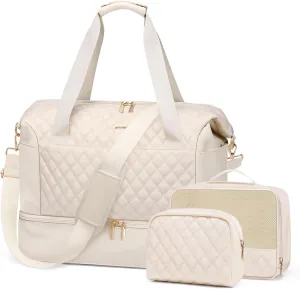 Travel Duffel Bag-Weekender Overnight Tote Bag for Women Duffle Bag with Wet Pocket & Shoes Compartment Carry on Tote Bags for Business Trips,Travel,Sports,Gym,Yoga,Hospital,3 Pcs Set, 43L,Beige