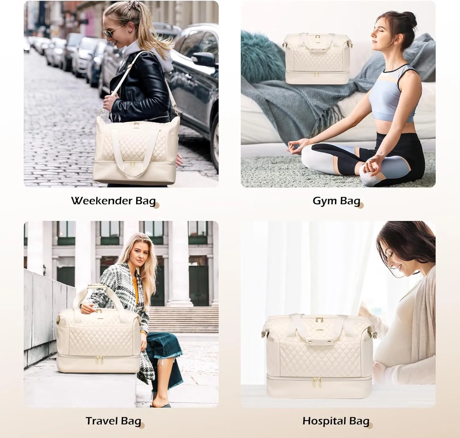 Travel Duffel Bag-Weekender Overnight Tote Bag for Women Duffle Bag with Wet Pocket & Shoes Compartment Carry on Tote Bags for Business Trips,Travel,Sports,Gym,Yoga,Hospital,3 Pcs Set, 43L,Beige