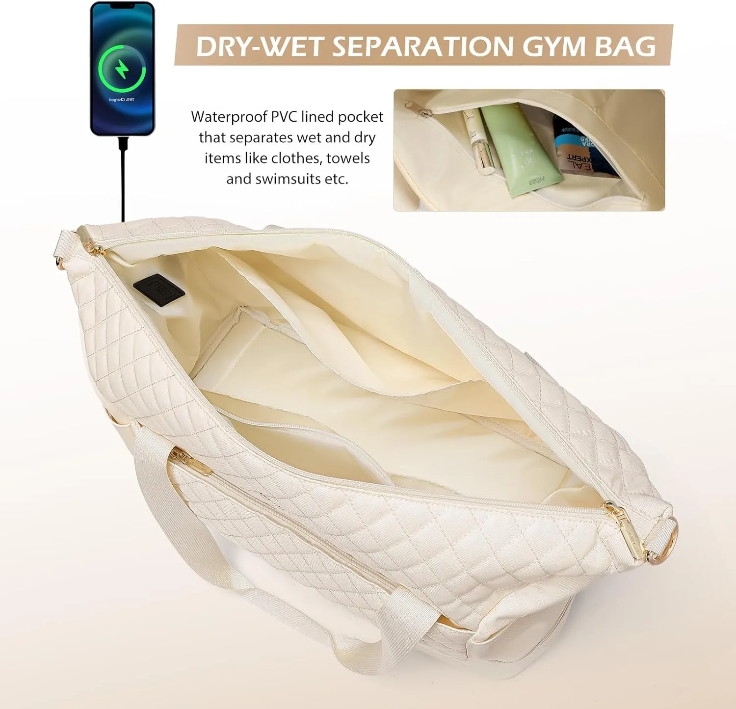 Travel Duffel Bag-Weekender Overnight Tote Bag for Women Duffle Bag with Wet Pocket & Shoes Compartment Carry on Tote Bags for Business Trips,Travel,Sports,Gym,Yoga,Hospital,3 Pcs Set, 43L,Beige
