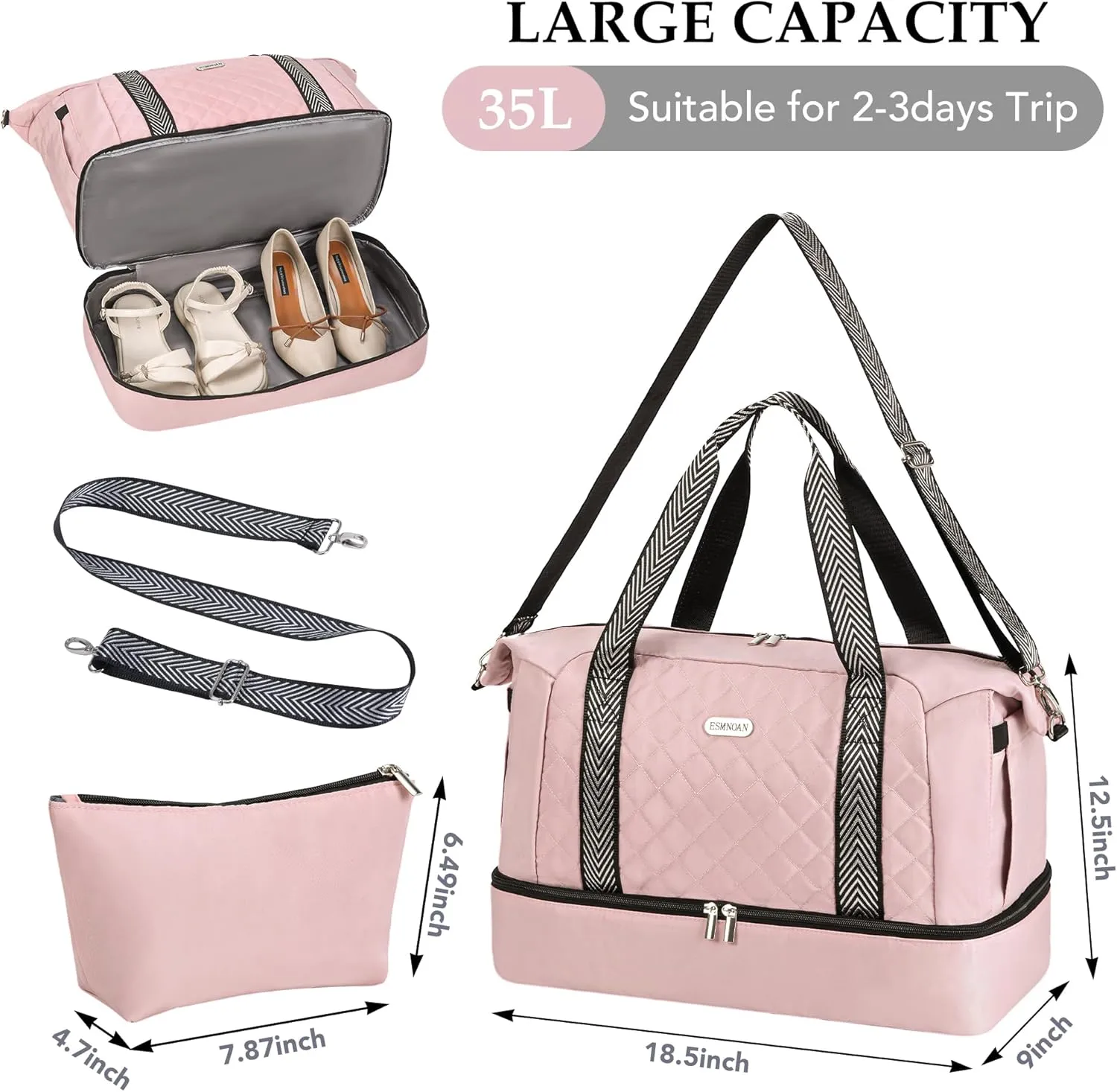 Travel Duffel Bags, Weekender Bags for Women with Shoe Compartment, Overnight Bag with Wet Pocket & Toiletry Bag for Airplane Travel, Trip, Gym, Yoga, Labor and Delivery, Pink