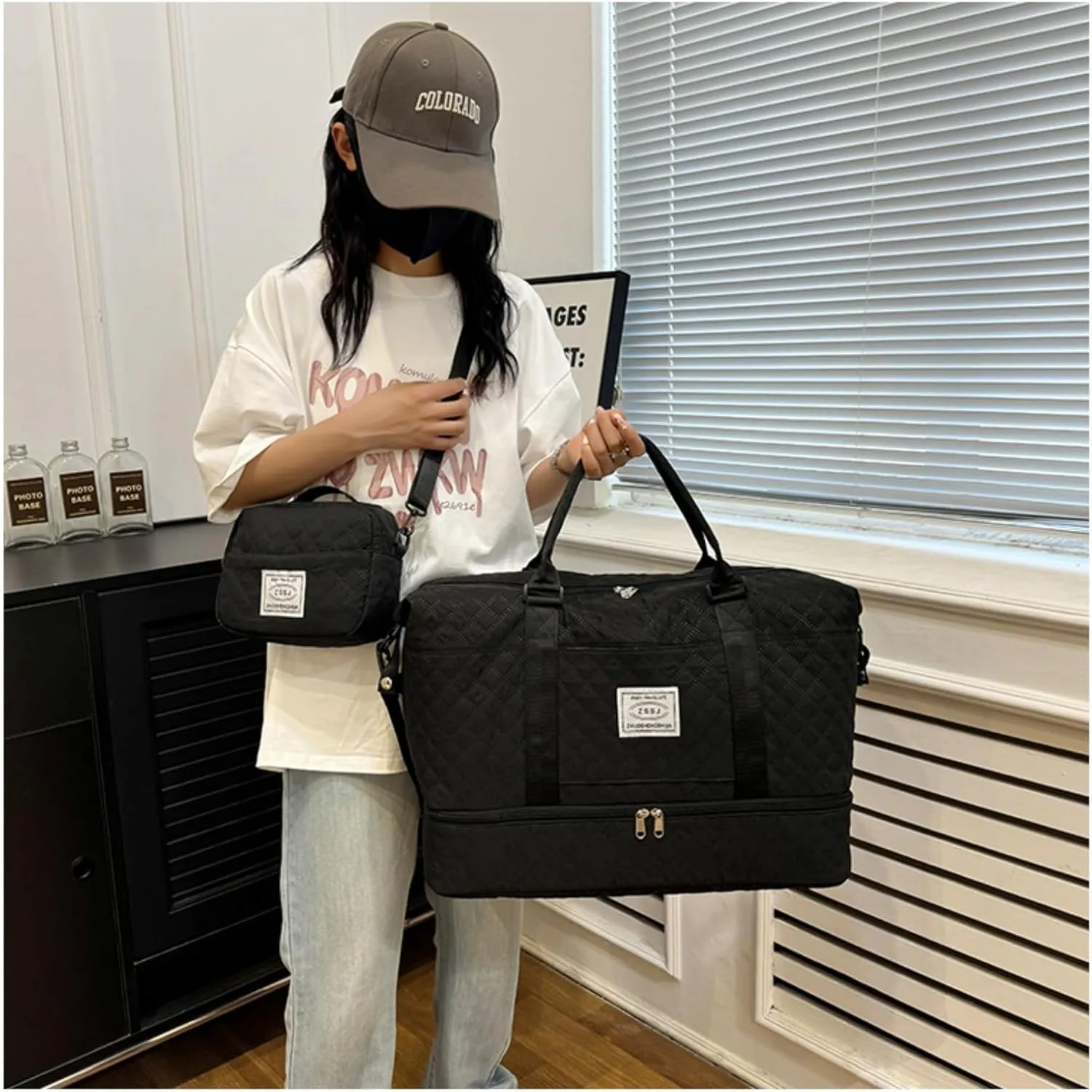 Travel Duffel Bags with Toiletry Bag and Shoe Compartment, Wet Pocket,Carry On Overnight Bag for Women Travel,Gym,Weekend.Hospital Bags for Labor and Delivery (Black)