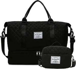 Travel Duffel Bags with Toiletry Bag and Shoe Compartment, Wet Pocket,Carry On Overnight Bag for Women Travel,Gym,Weekend.Hospital Bags for Labor and Delivery (Black)