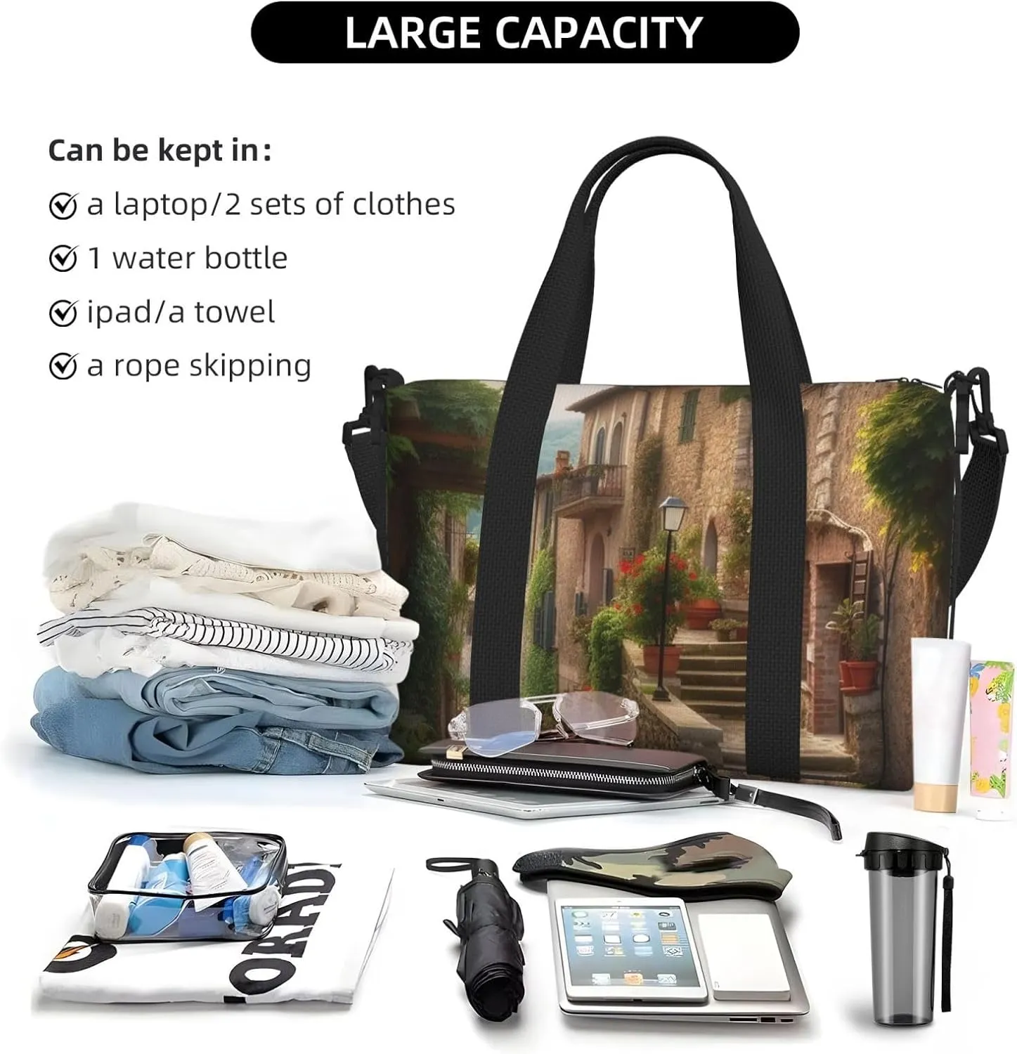 Travel Duffle Bag Weekender Bags for Men Women Adjustable Large Capacity Weekender Overnight Bag Carry On Tote Bags Waterproof Sport Gym Bag for Travel Yoga, Italy Tuscan, One Size