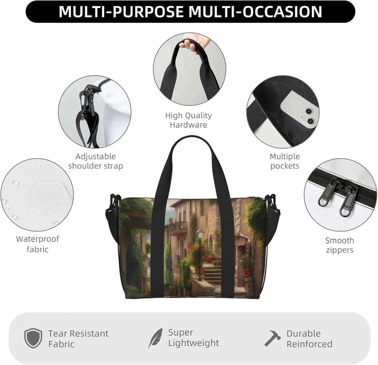 Travel Duffle Bag Weekender Bags for Men Women Adjustable Large Capacity Weekender Overnight Bag Carry On Tote Bags Waterproof Sport Gym Bag for Travel Yoga, Italy Tuscan, One Size