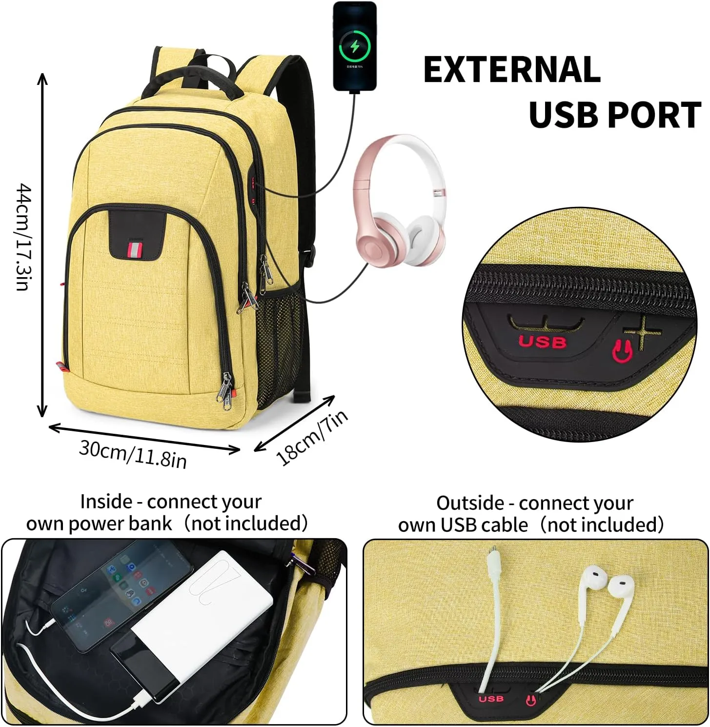 Travel Laptop Backpack, Anti Theft Backpack for Men and Women with USB Charging Port Business Computer Backpack Bag (Yellow, 15.6 Inch)