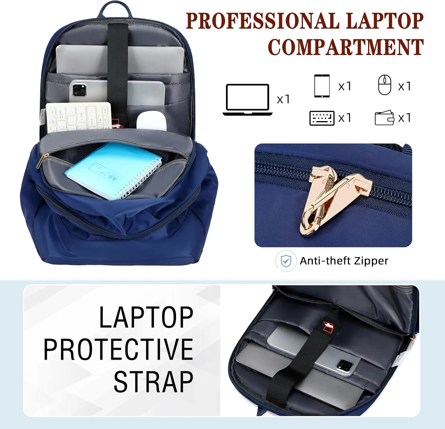 Travel Laptop Backpack for Women 15.6 Inch Computer Backpacks with USB Charging Hole Anti Theft Carry on Bag College Bookbag Large Blue Back Pack for Work Business Traveling Commuter Daypack-Blue