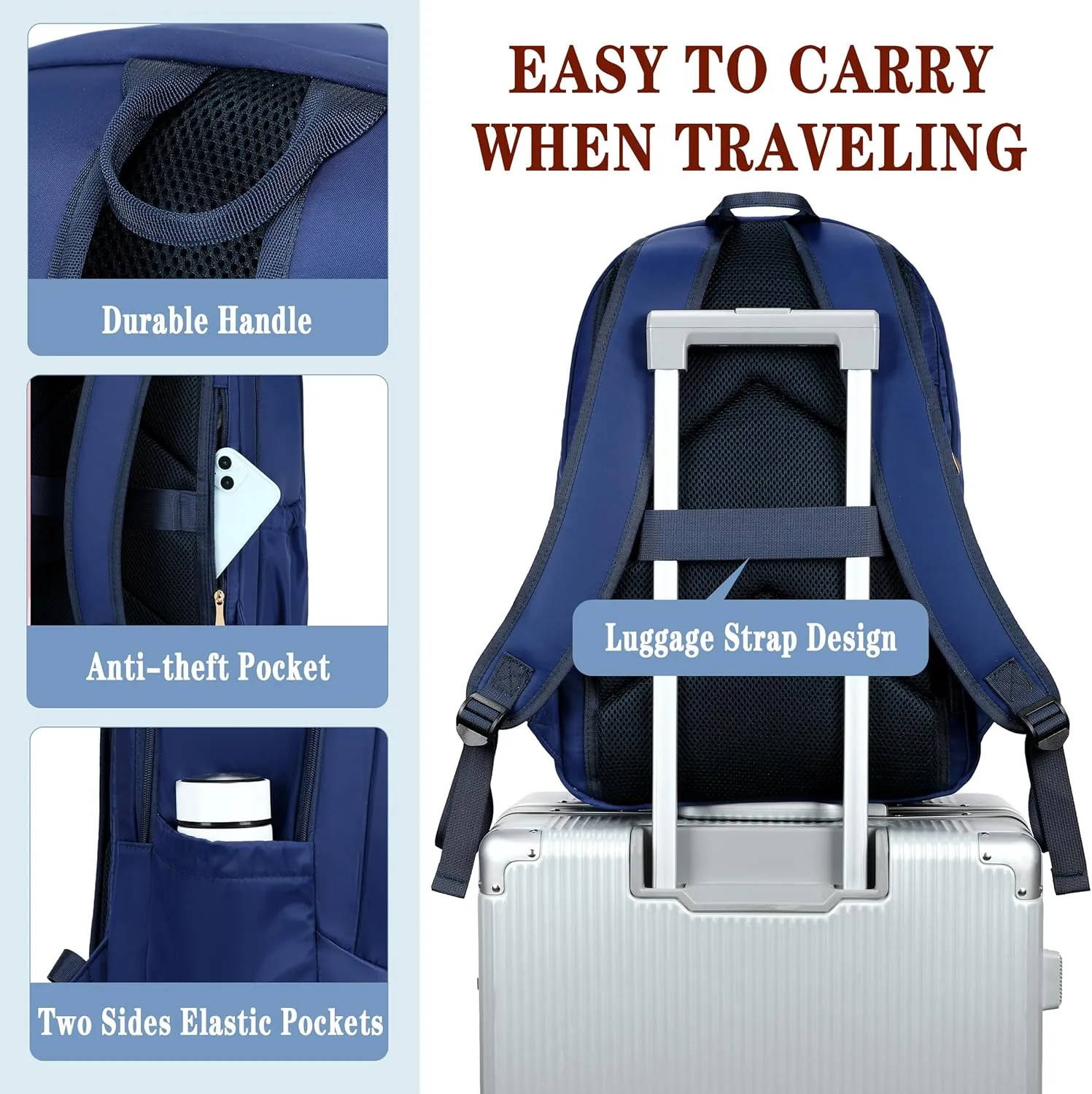 Travel Laptop Backpack for Women 15.6 Inch Computer Backpacks with USB Charging Hole Anti Theft Carry on Bag College Bookbag Large Blue Back Pack for Work Business Traveling Commuter Daypack-Blue