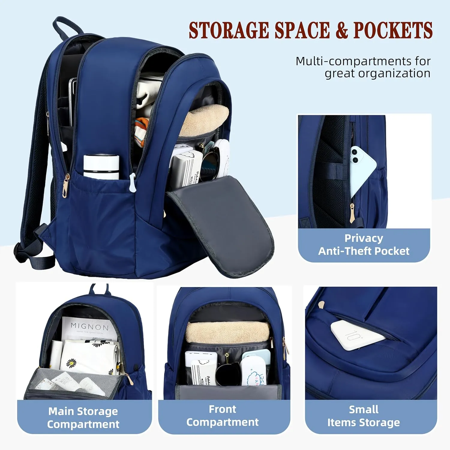 Travel Laptop Backpack for Women 15.6 Inch Computer Backpacks with USB Charging Hole Anti Theft Carry on Bag College Bookbag Large Blue Back Pack for Work Business Traveling Commuter Daypack-Blue