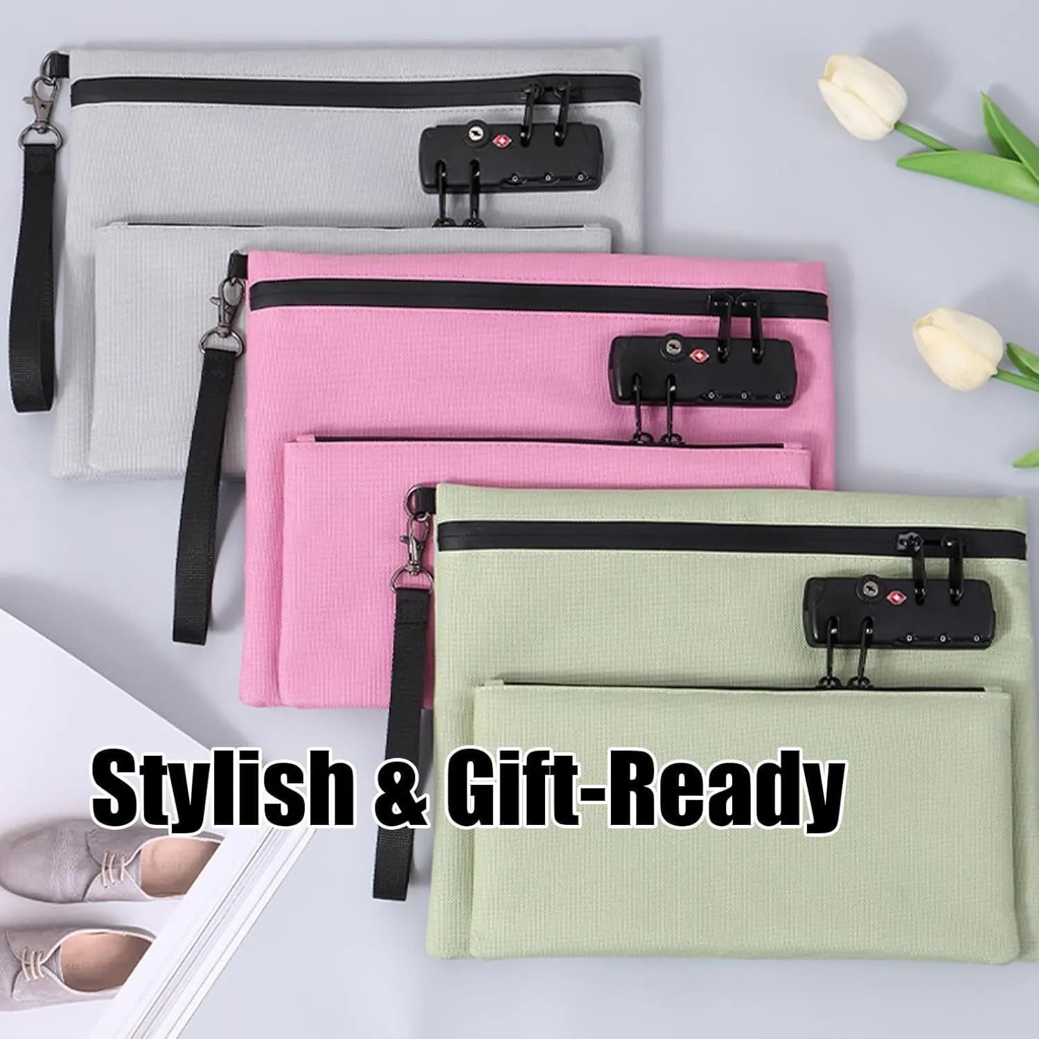 Travel Lock Bag, Ouble Layer Money Bag With Lock Certificates Organizer, Money Bag with Lock and Zipper, Double Layer Anti-Theft Handbag With Combination Protection (Pink)
