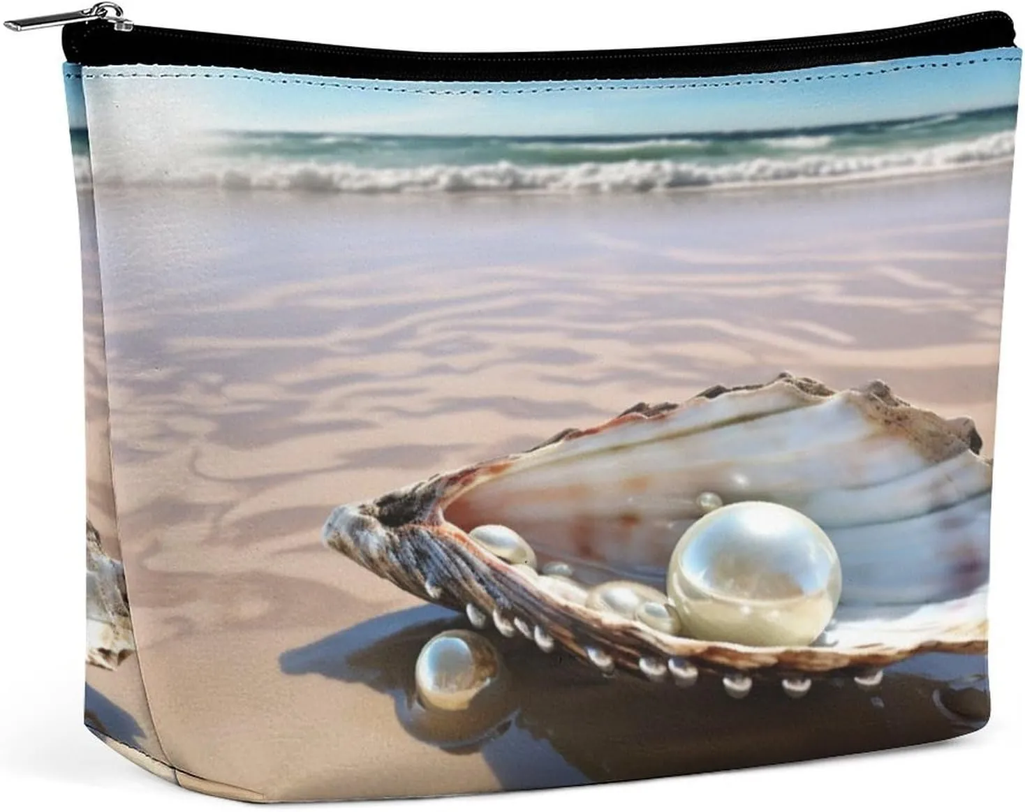 Travel Makeup Bag Portable Cosmetic Bags for Women Ocean Beach Mussel Pearl Make Up Bags Organizer With Zipper Waterproof Open Flat Toiletry Bag Cute Makeup Pouch for Travel Accessories