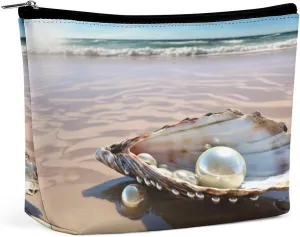 Travel Makeup Bag Portable Cosmetic Bags for Women Ocean Beach Mussel Pearl Make Up Bags Organizer With Zipper Waterproof Open Flat Toiletry Bag Cute Makeup Pouch for Travel Accessories