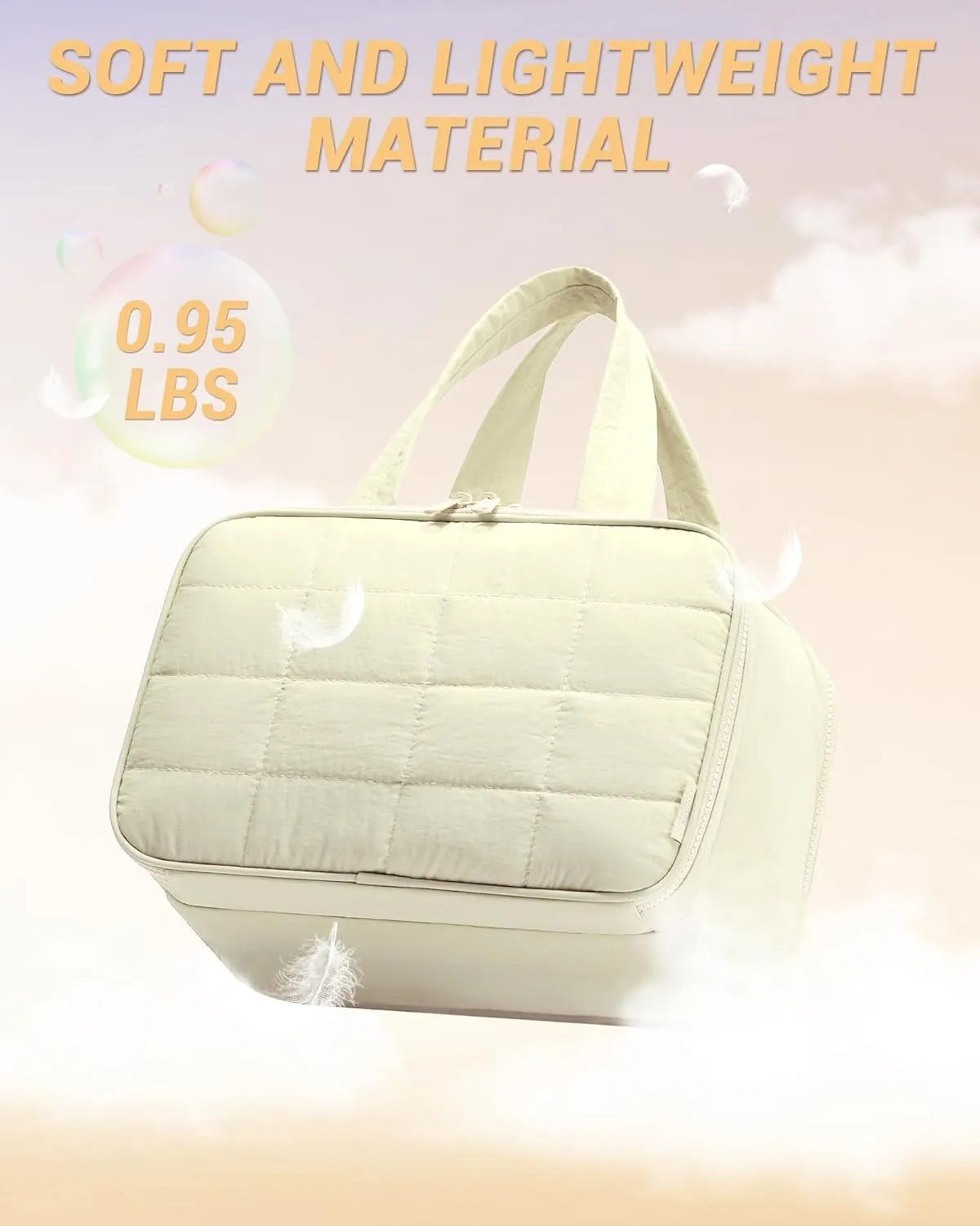 Travel Toiletry Bag, Puffy Wide-open Quilted Makeup Bag for Women,Lightweight Cosmetic Travel Bag Organizer with Handle for Traveling, Accessories, Essentials Toiletries Beige