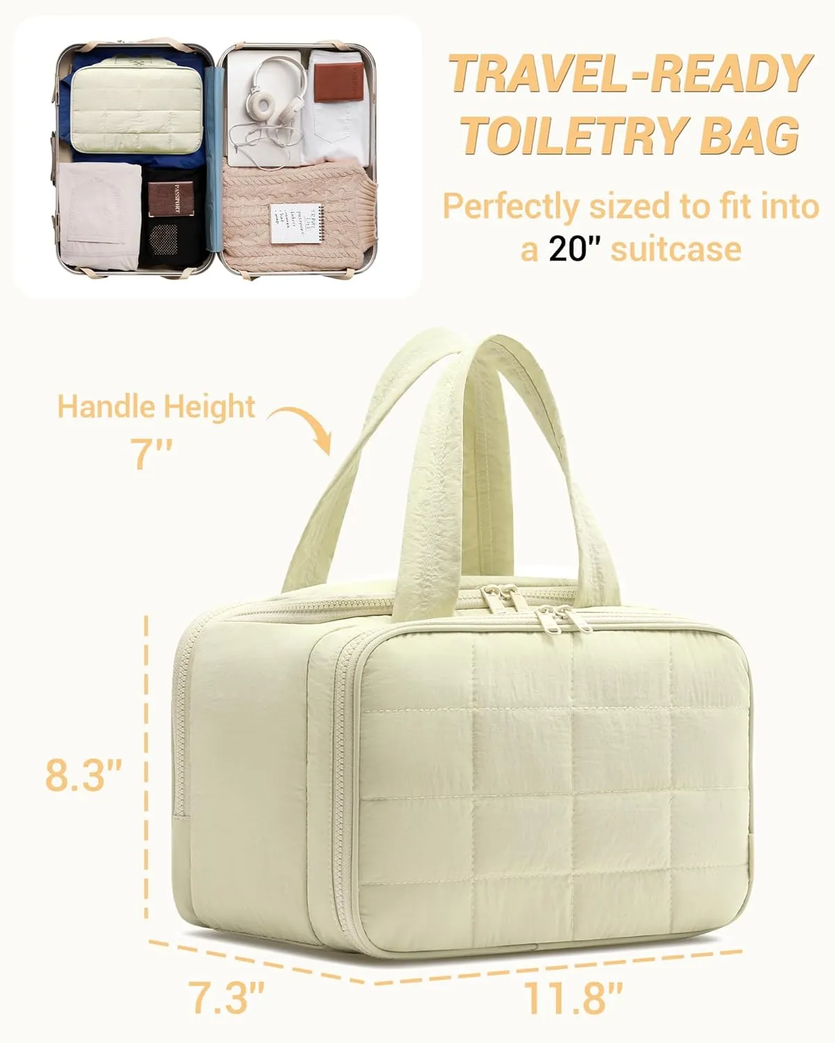 Travel Toiletry Bag, Puffy Wide-open Quilted Makeup Bag for Women,Lightweight Cosmetic Travel Bag Organizer with Handle for Traveling, Accessories, Essentials Toiletries Beige