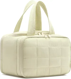 Travel Toiletry Bag, Puffy Wide-open Quilted Makeup Bag for Women,Lightweight Cosmetic Travel Bag Organizer with Handle for Traveling, Accessories, Essentials Toiletries Beige