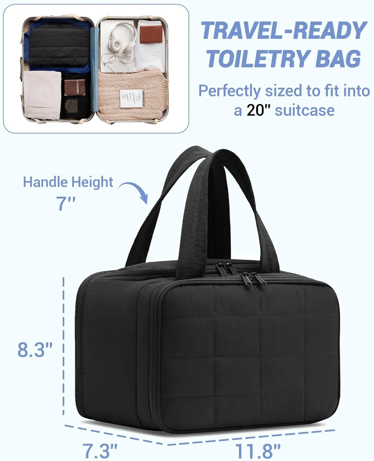 Travel Toiletry Bag, Puffy Wide-open Quilted Makeup Bag for Women,Lightweight Cosmetic Travel Bag Organizer with Handle for Traveling, Accessories, Essentials Toiletries Black