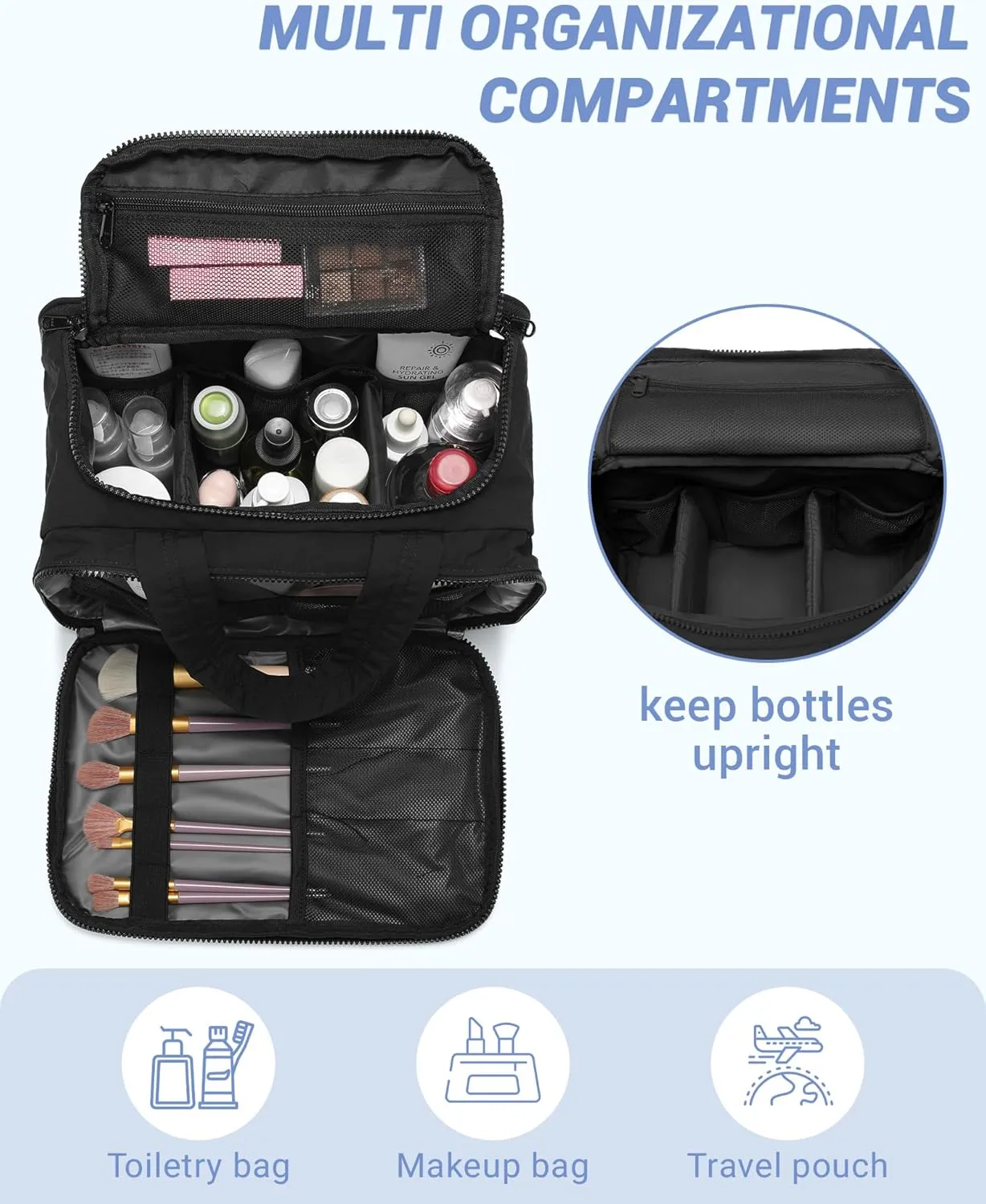Travel Toiletry Bag, Puffy Wide-open Quilted Makeup Bag for Women,Lightweight Cosmetic Travel Bag Organizer with Handle for Traveling, Accessories, Essentials Toiletries Black