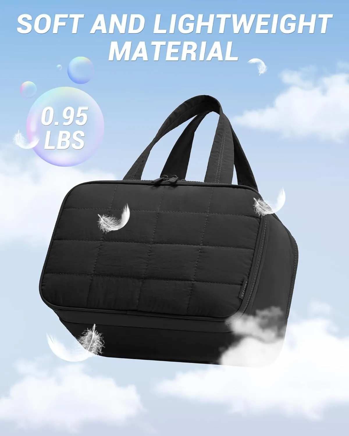 Travel Toiletry Bag, Puffy Wide-open Quilted Makeup Bag for Women,Lightweight Cosmetic Travel Bag Organizer with Handle for Traveling, Accessories, Essentials Toiletries Black