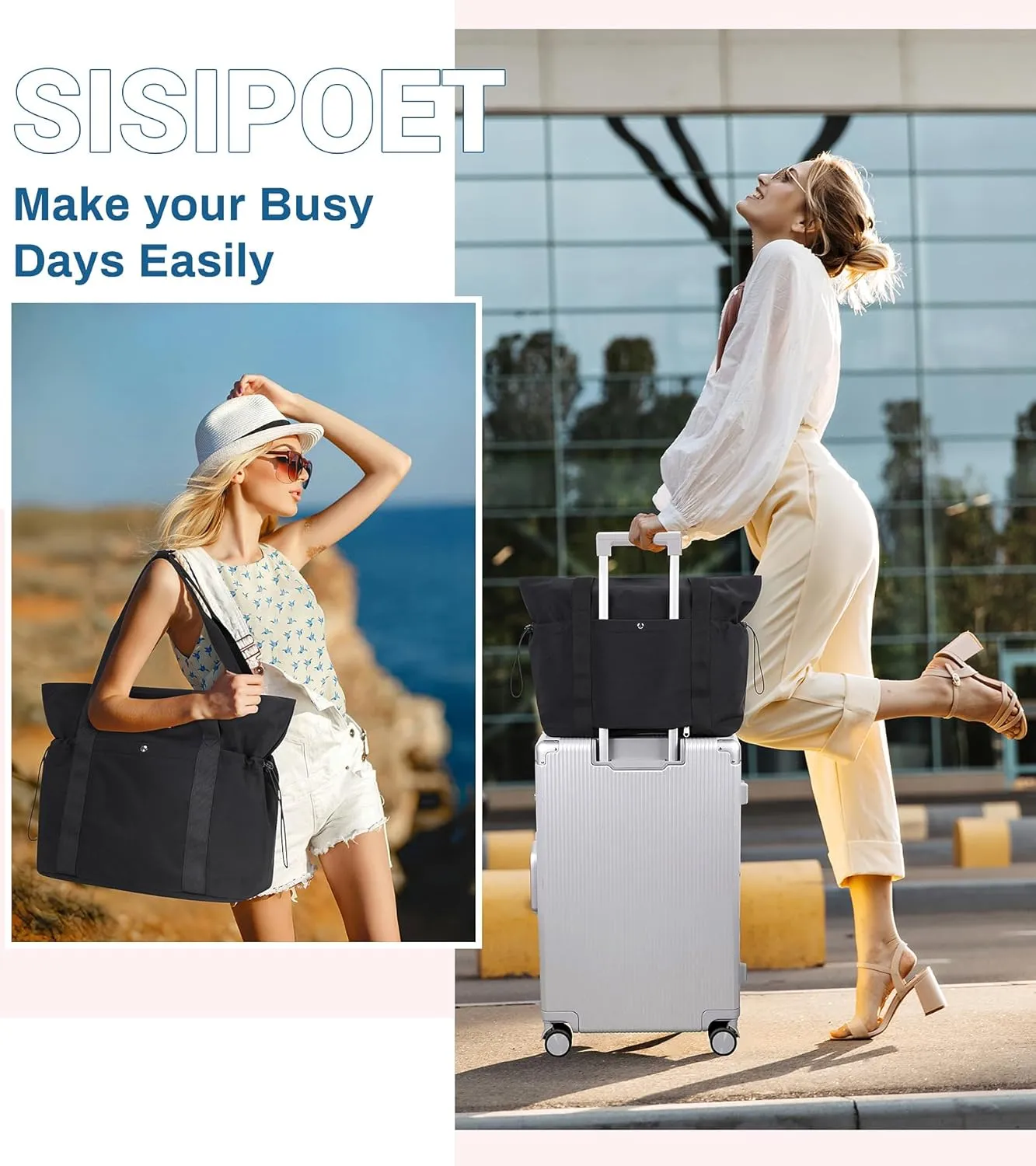 Travel Tote Bag, Multi Pocket Work Tote Bags for Women Fits 15.6'' Laptop Shoulder Bag with Zipper Shopping Bag