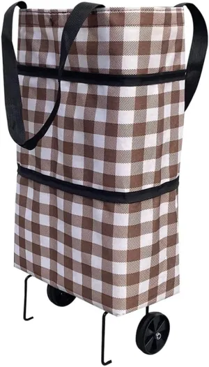 Trolley Folding Shopping Cart With Wheels - 2 In 1 Collapsible Folding Bags With Two-Stage Zipper - Lightweight Storage For Fruits & Vegetables (Coffee Plaid)