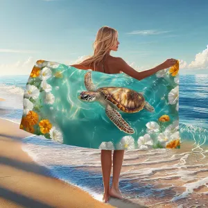 Tropical Turtle Microfiber Beach Towel Aqua Floral Design Quick Dry Absorbent Soft Sand Free Oversized Lightweight Beach Blanket, Vacation Picnic Essentials 62x31 Inch