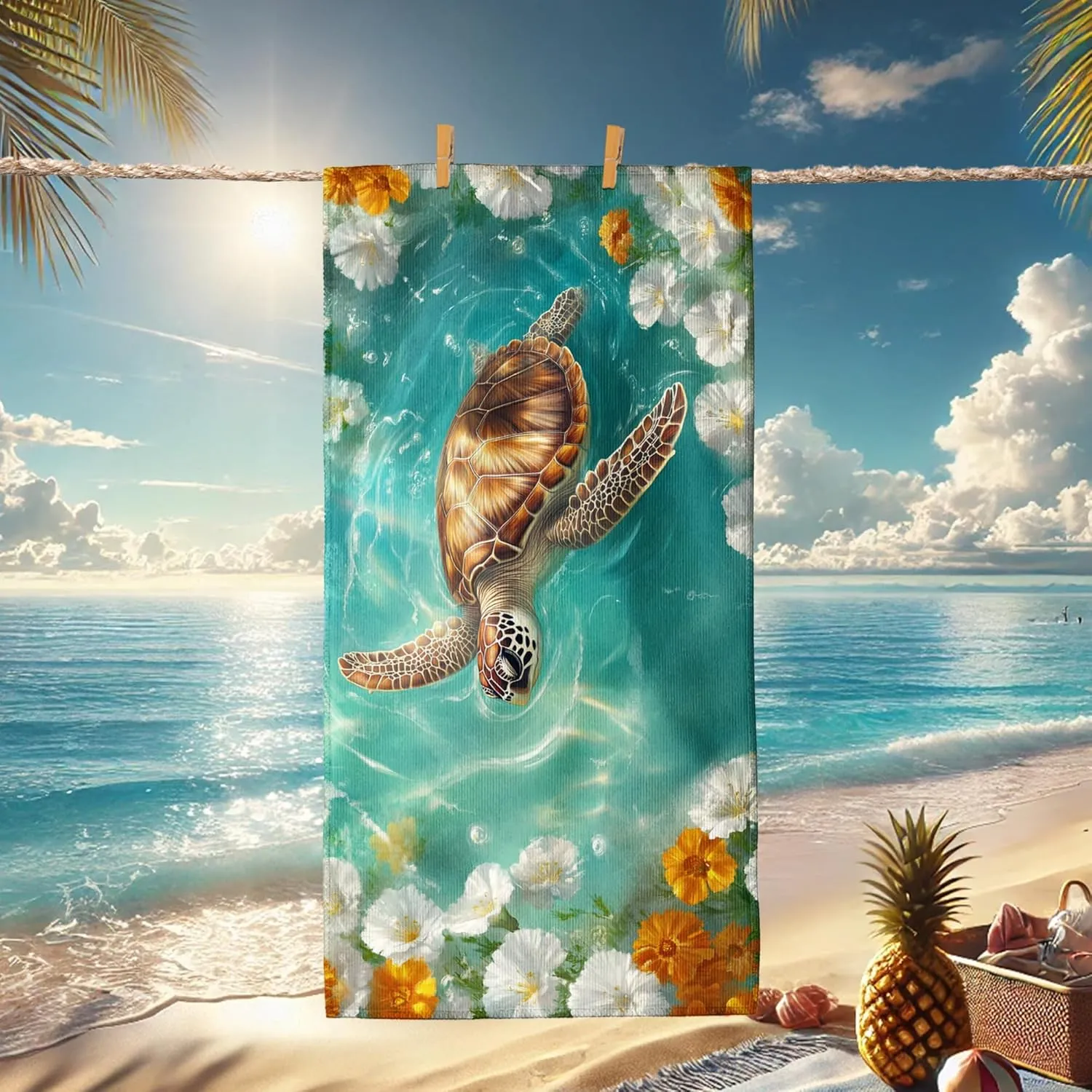 Tropical Turtle Microfiber Beach Towel Aqua Floral Design Quick Dry Absorbent Soft Sand Free Oversized Lightweight Beach Blanket, Vacation Picnic Essentials 62x31 Inch