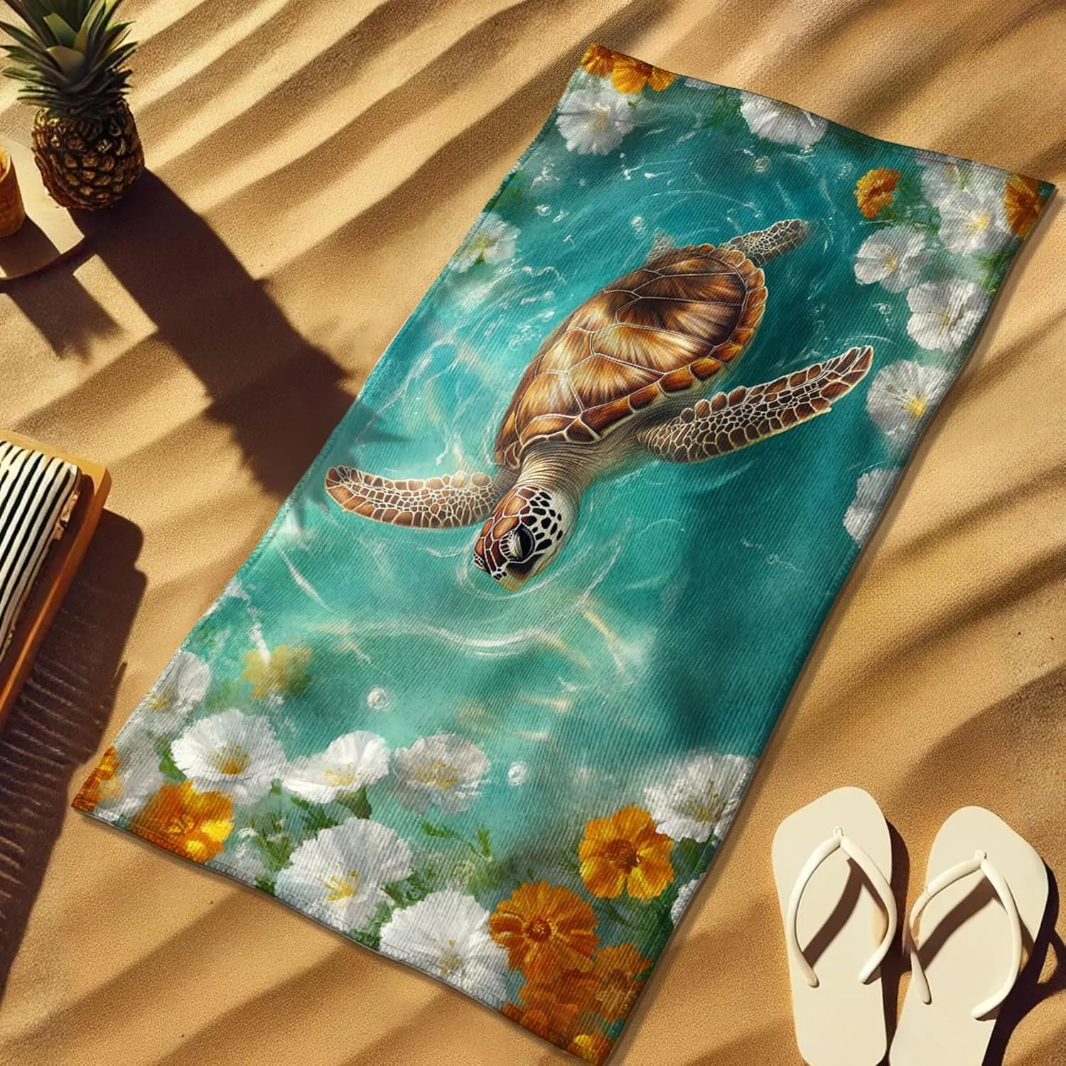 Tropical Turtle Microfiber Beach Towel Aqua Floral Design Quick Dry Absorbent Soft Sand Free Oversized Lightweight Beach Blanket, Vacation Picnic Essentials 62x31 Inch