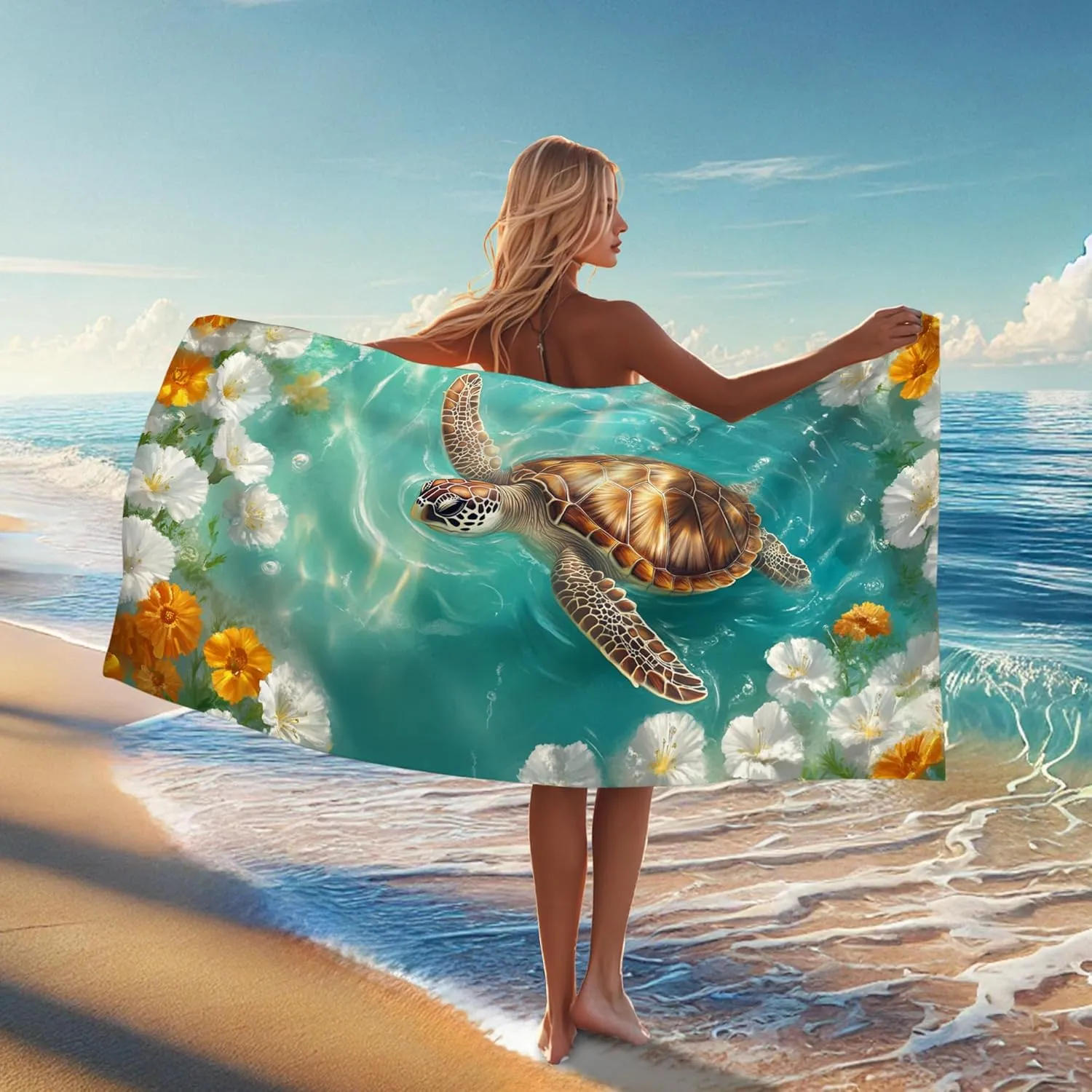Tropical Turtle Microfiber Beach Towel Aqua Floral Design Quick Dry Absorbent Soft Sand Free Oversized Lightweight Beach Blanket, Vacation Picnic Essentials 62x31 Inch
