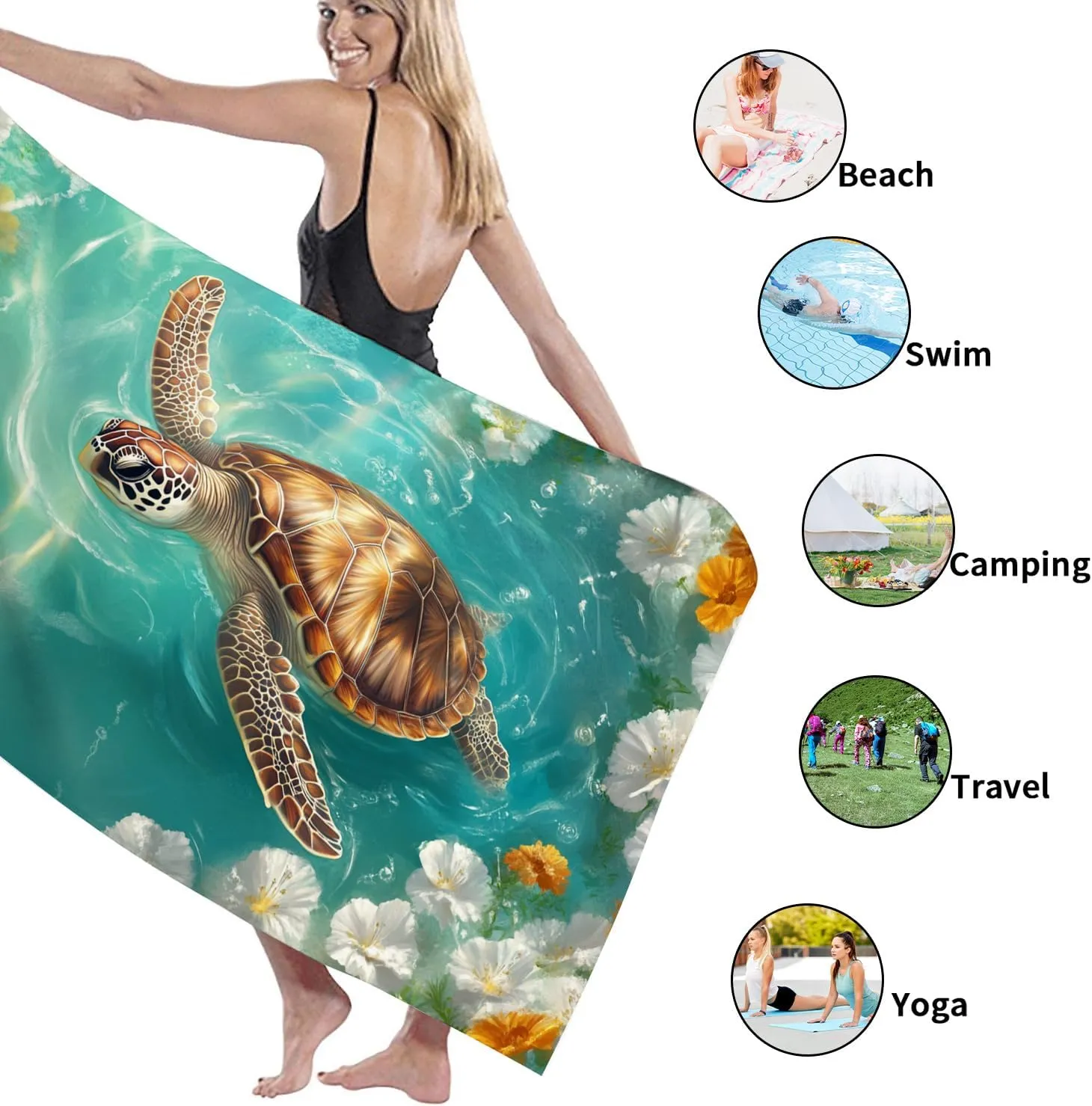 Tropical Turtle Microfiber Beach Towel Aqua Floral Design Quick Dry Absorbent Soft Sand Free Oversized Lightweight Beach Blanket, Vacation Picnic Essentials 62x31 Inch