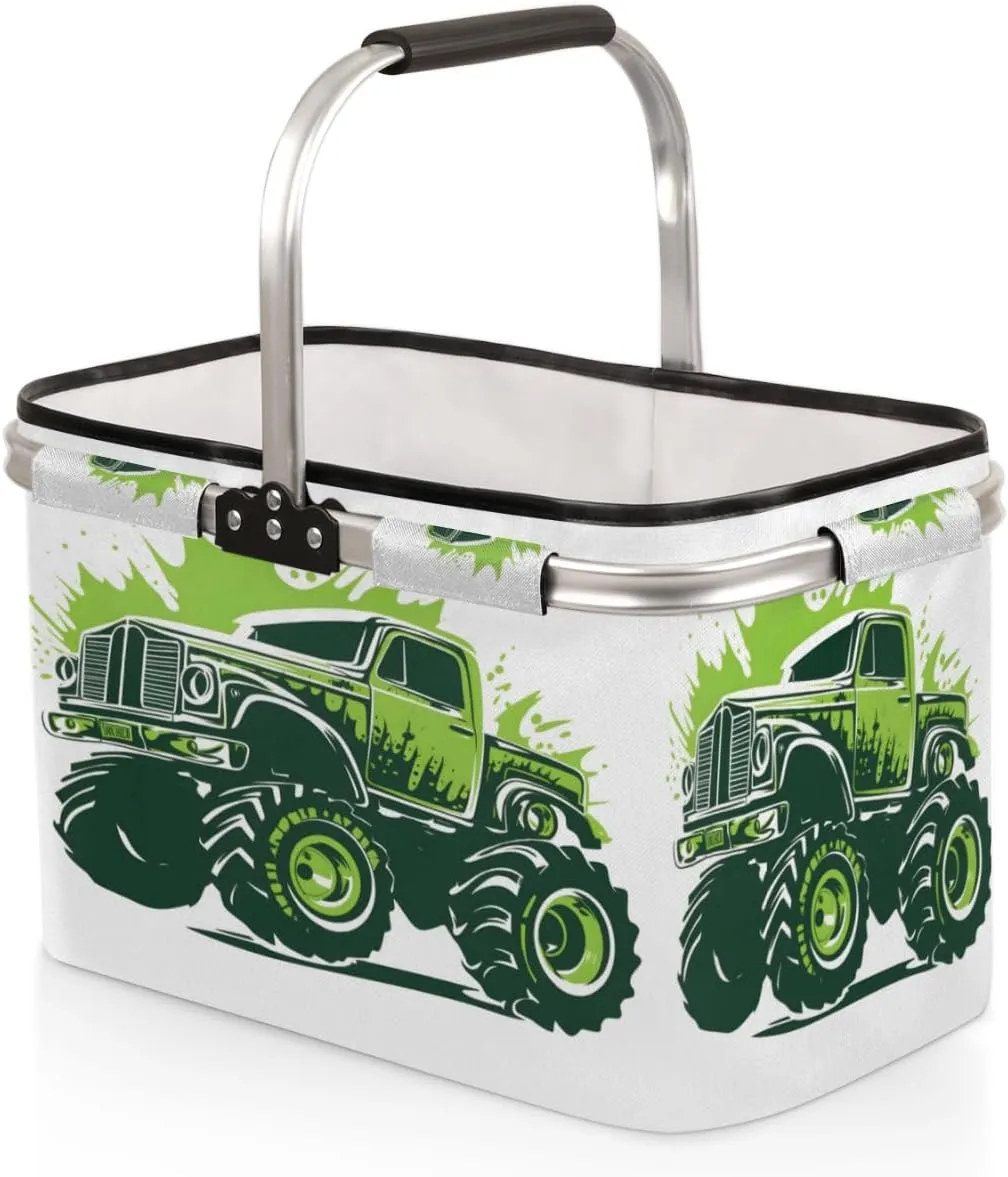 TropicalLife Cartoon Mountain Buggy Collapsible Market Basket, Foldable Picnic Basket with Aluminum Alloy Frame Reusable Storage Basket for Beach Shopping Camping