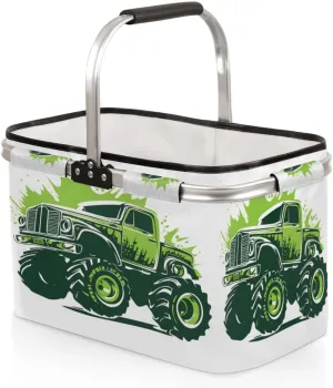 TropicalLife Cartoon Mountain Buggy Collapsible Market Basket, Foldable Picnic Basket with Aluminum Alloy Frame Reusable Storage Basket for Beach Shopping Camping