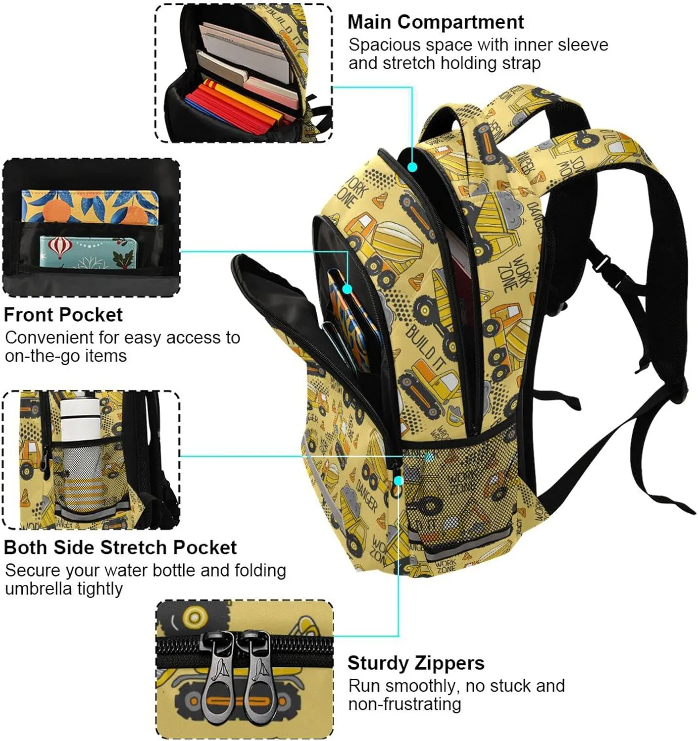Truck Boys Backpack Yellow Excavator Kids Elementary School Bookbag Travel Rucksack Laptop Bag