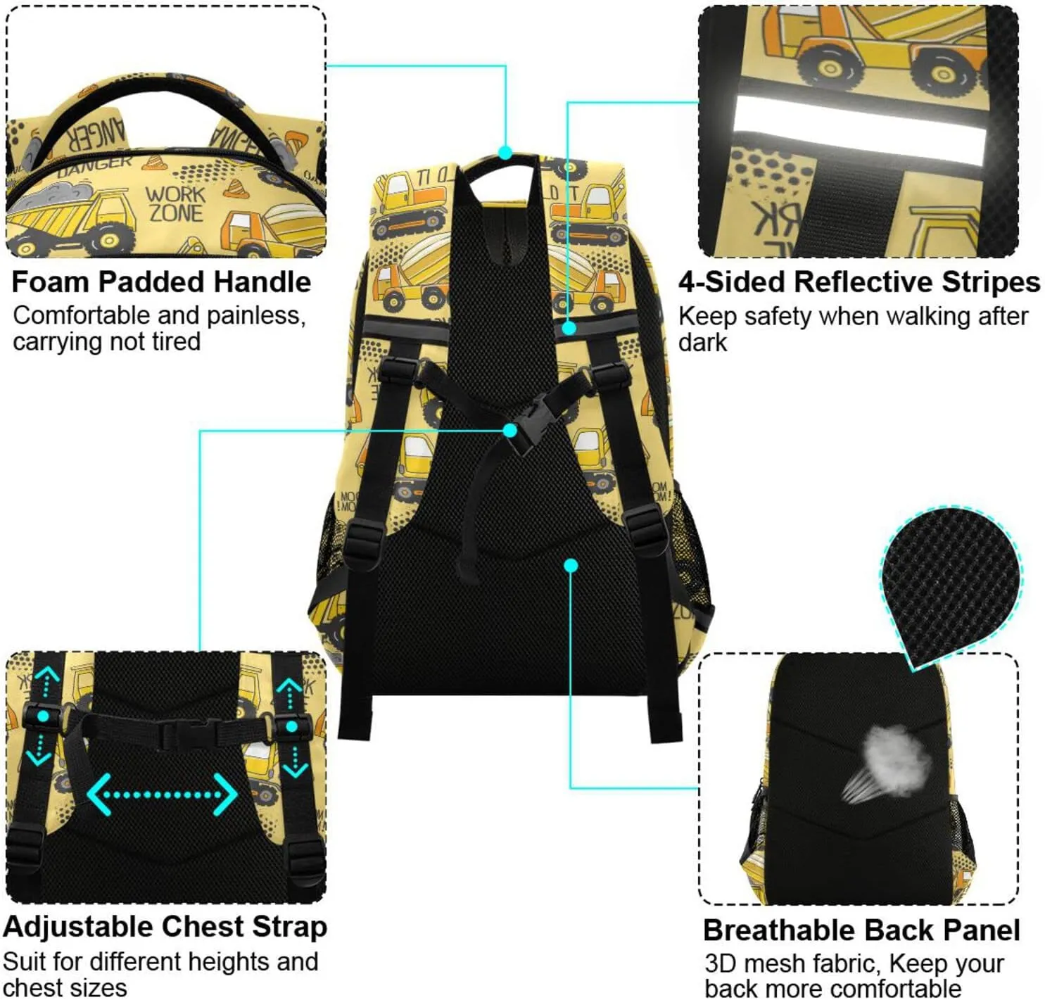 Truck Boys Backpack Yellow Excavator Kids Elementary School Bookbag Travel Rucksack Laptop Bag