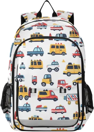 Trucks Police Fire Engines Backpack for Boys Girls Elementary School Bag Kids Bookbag Travel Rucksack With Reflective Stripes