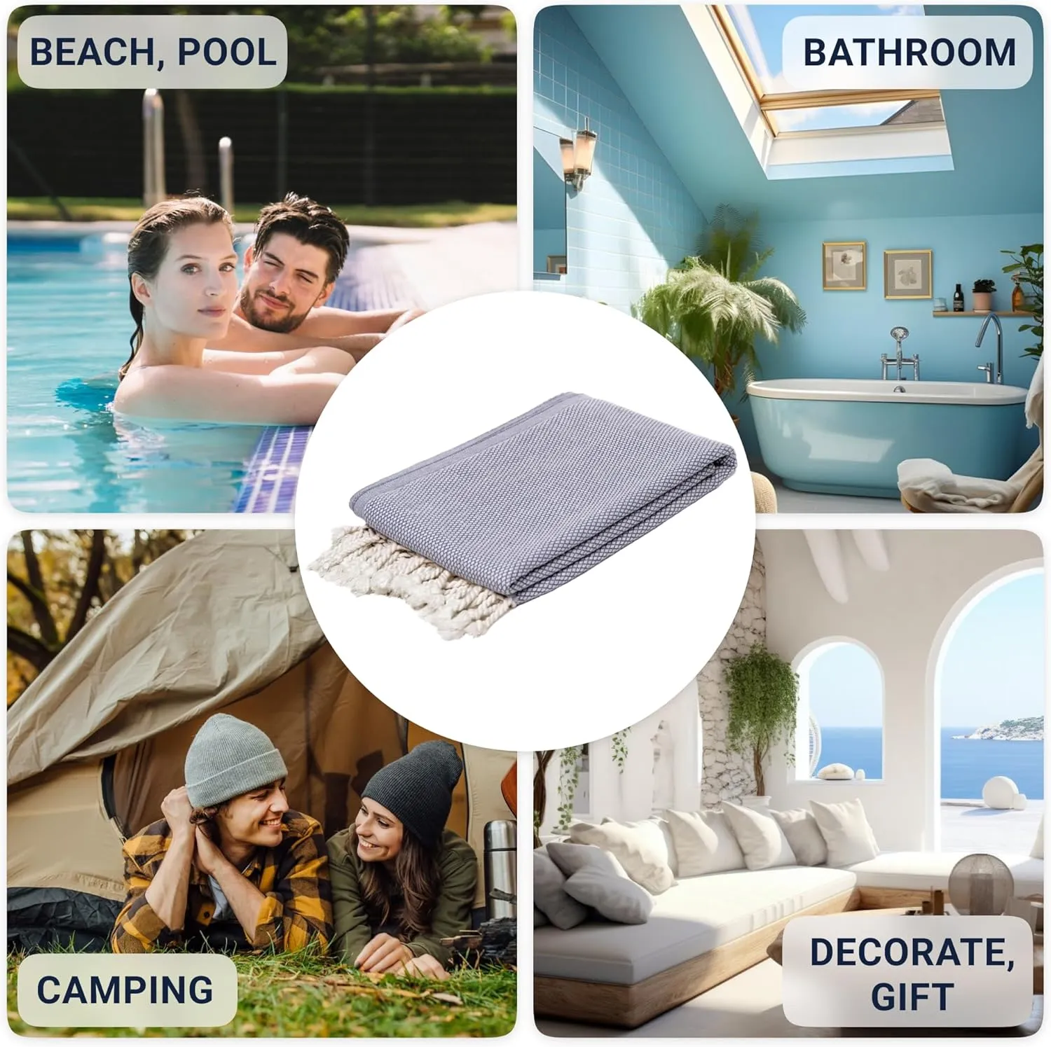 Turkish Beach Towel (69x35 Inches), Oversized 100% Cotton Bath Towels Lightweight Quick-Dry Beach Blanket for Travel, Picnic, Camping, Yoga and Pool (Grey)